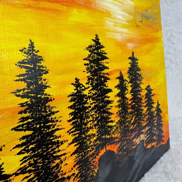Sunset Forest Silhouette Acrylic Painting On Wood Panel by Pencil to Paint - Picture 3 of 7
